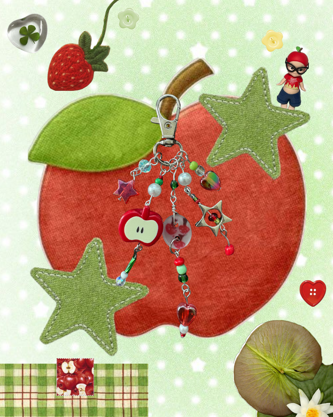 Keychain with decorative elements on a polka dot background