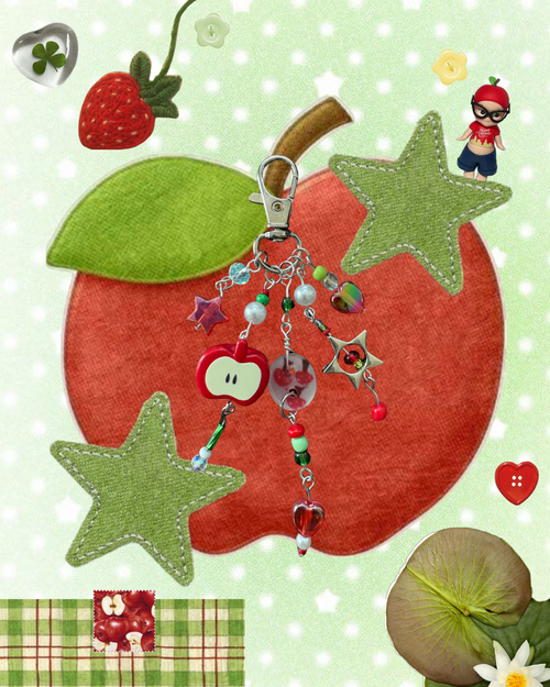 Keychain with decorative elements on a polka dot background