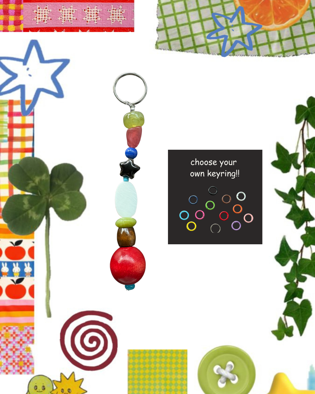 Colorful bag charm with beads on a white background with decorative elements.