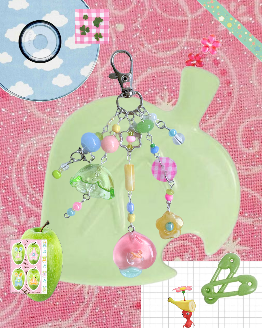 Colorful keychain with charms on a pink background