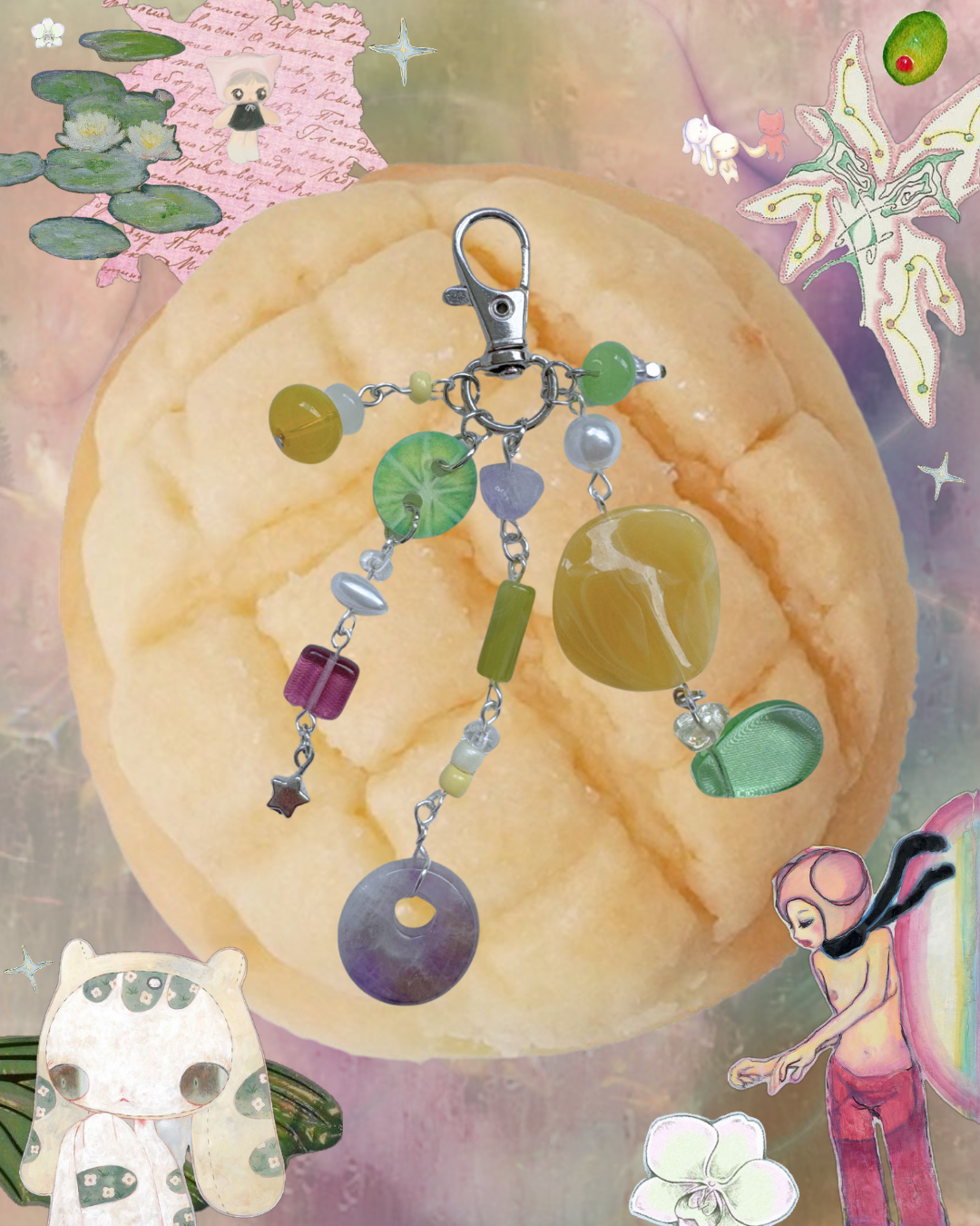 Decorative keychain with beads on a textured surface with fairy and flower illustrations.