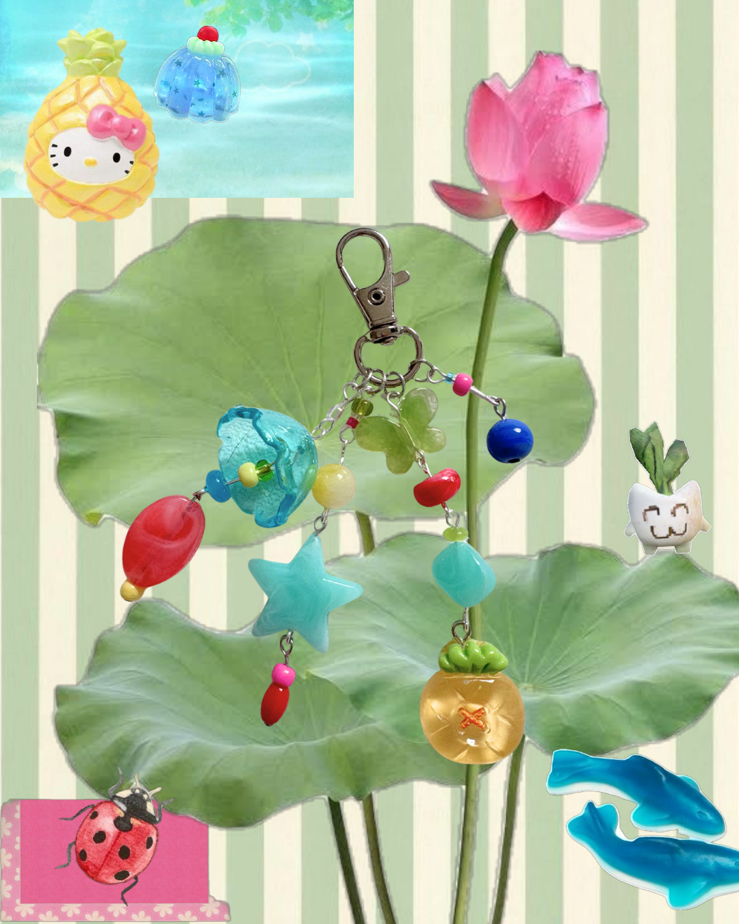 Colorful keychain with beads and charms on a green leaf against a striped background