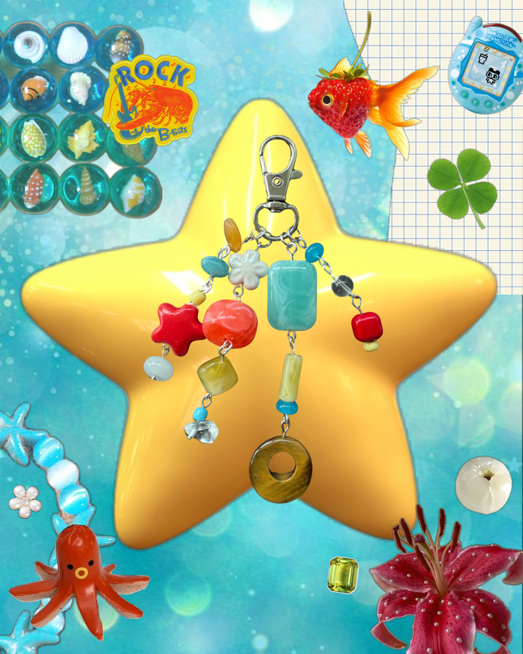 Keychain with colorful charms on a blue background with sea-themed decorations.