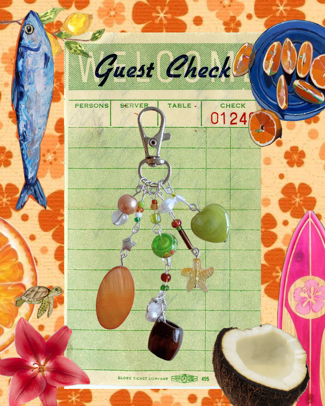Decorative keychain with colorful beads on a vintage-style restaurant check background